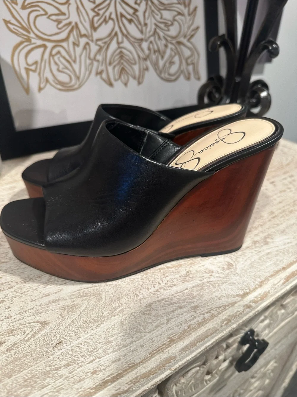 Jessica Simpson Black Leather Platform Wedge Sandals Faux Wood Heel Size 7.5